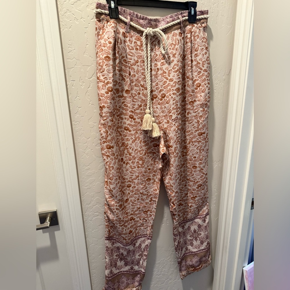 Anthropologie leopard print Ollari Pants with rope tassel tie